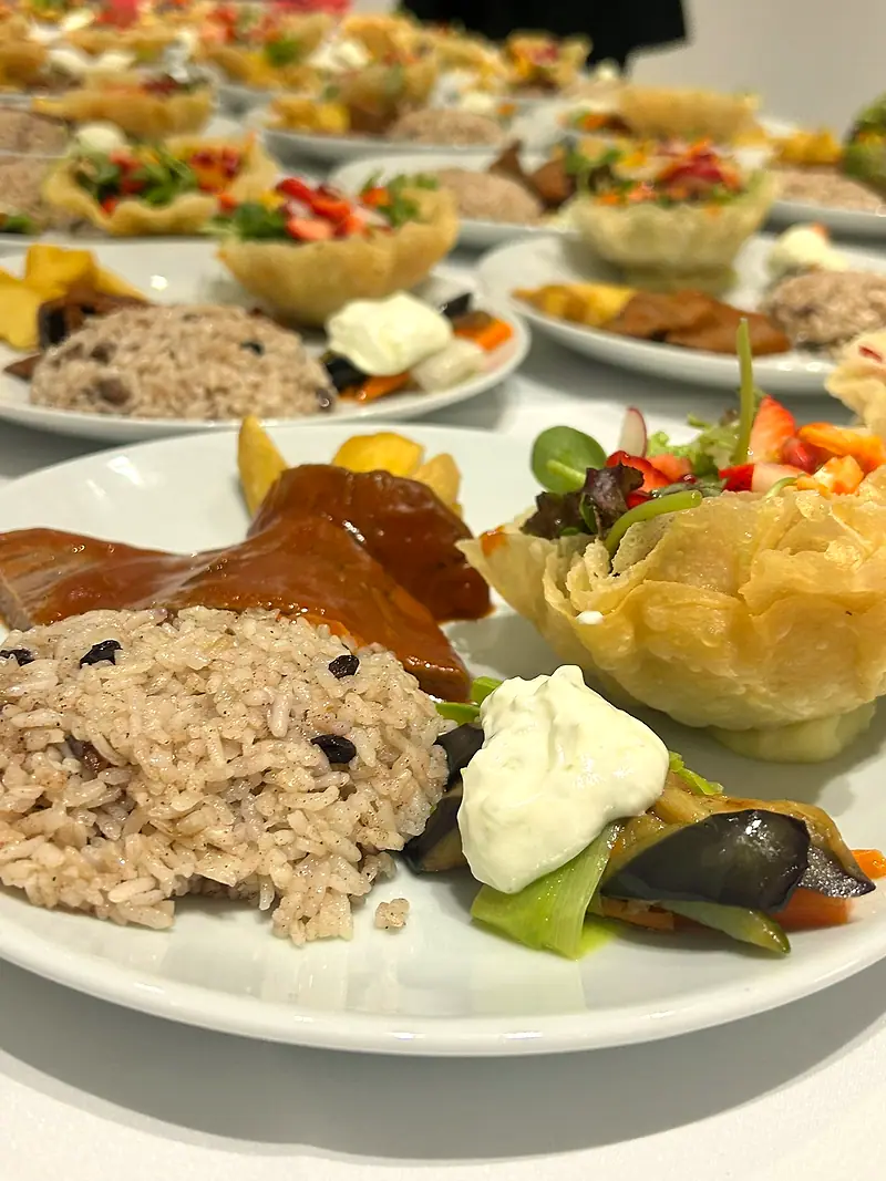 Davet yemeği tabağı – pilav, soslu et ve sepet salata